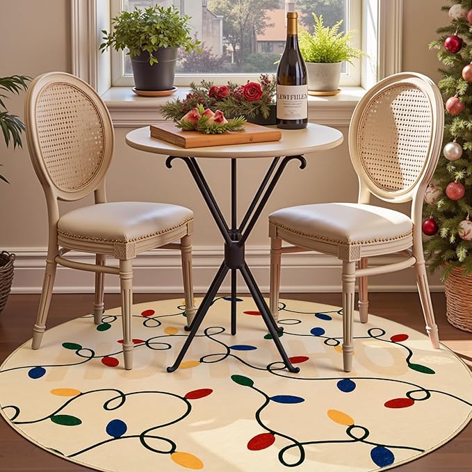 jinchan Jingle Lights Round Christmas Rug for Living Room 5ft Beige Circle Holiday Rug for Bedroom 5' Colored String Lights Printed Xmas Decor Washable Indoor Carpet for Dining Room Foyer Non-Slip