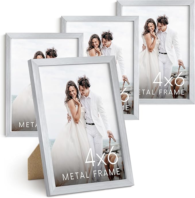 HAUS AND HUES 4x6 Silver Metal Picture Frames - Photo Frames 4X6 - Features Premium Aluminum, Vertical Hanging, Easel Back for Tabletop, Home, Office (4x6 in, Silver, Set of 4)