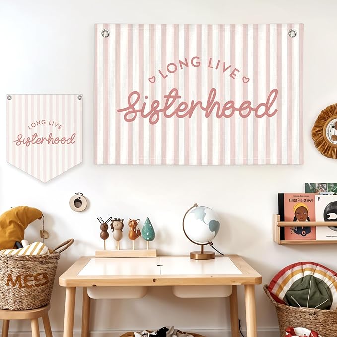 Lacama Long Live Sisterhood Banner, Pink Linen Banners Wall Hanging Banner Flag Decor for Toddler Girls Room Nursery, Wall Hanging Flag 30x20 In