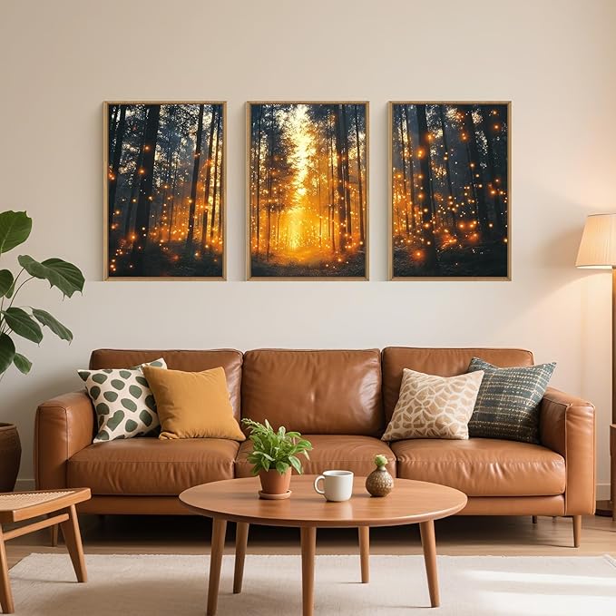 Magical Firefly Forest Framed Canvas Wall Art Set,Enchanted Night Nature Mystical Woodland Wall Decor,Whimsical Orange Twinkling Black Tree Art Print for Living Room, Bedroom, Office- 24"x36"x3