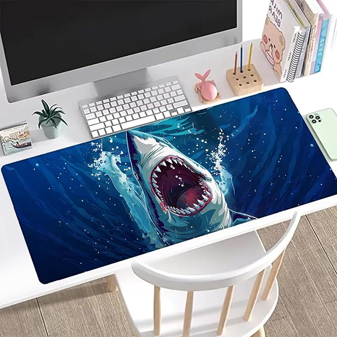 Shark Attack Gaming Mouse Pad, Office Desk Mat, Anti-Slip Rubber Base Cool Aesthetic Mouse Pads for Computer Laptop Keyboard School Home Desktop Gamer Home Accessories Decor 31.5" x 11.8"