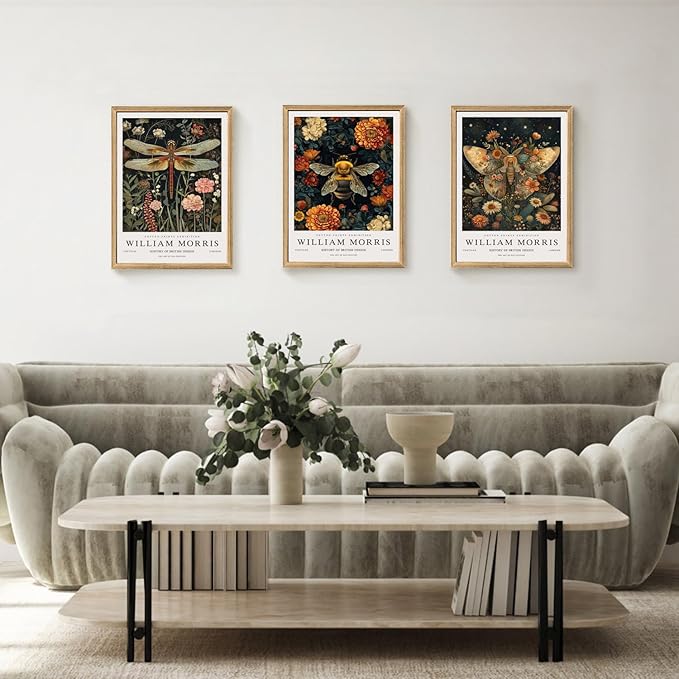Hianan William Morris Animal Botanical Canvas Wall Art, Vintage Dragonfly Bee Butterfly Poster Prints, Maximalist Nature Flower Aesthetic Pictures for Living Room Bedroom Wood Framed 16"x24"x3
