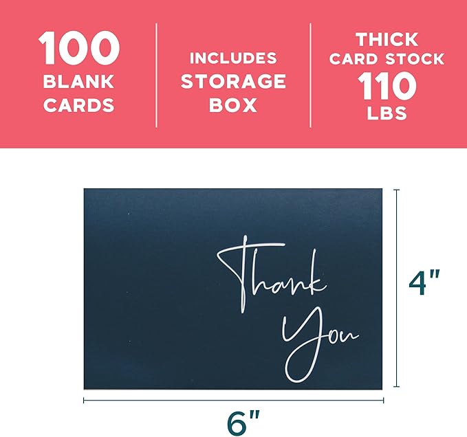 VNS Creations Thank You Cards With Envelopes Bulk Set & Stickers - 100 Pack 4x6 Blank Thank You Notes Bulk Box Set - Large Note Card Small Business, Wedding, Baby Shower & Bridal Shower - Navy Blue