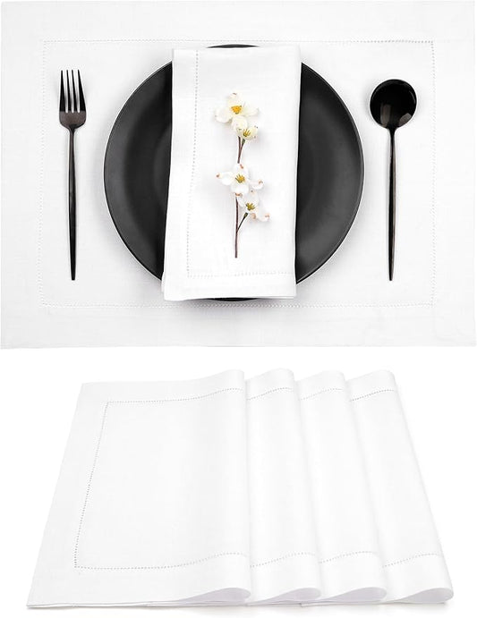 D'Moksha Homes White Linen Placemats Set of 4 - Classic Hemstitch Placemats 14 x 19 Inch - 100% Pure Linen Table Mats for Valentines, Spring, Easter - Handcrafted and Machine Washable