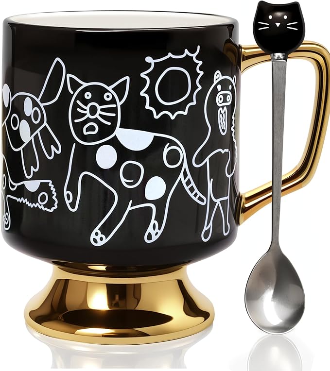 Christmas Mugs Whimsical Animal Ceramic fun Coffee Mug – 14oz Childlike Hand-Drawn Cat, Dog & Bear Design – Cute gothic Coffee Cup Gift for Women, Girls, Kids (Black)