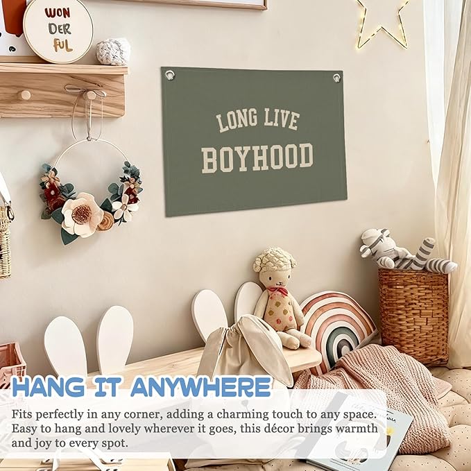 Long Live Boyhood Boys Room Decor - Wall Art Hanging Decor for Toddler Boy Room Nursery Playroom - Baby Kids Teen Bedroom Decor Sage Green,30X20 Inch