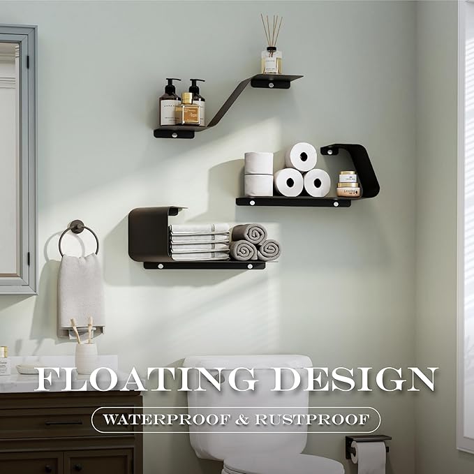 Floating Shelves, Set of 3 Wall Mounted Metal Shelves with Unique Design for Wall Storage, Book Shelf, Display Shelves for Bathroom Bedroom Kitchen Living Room, Black