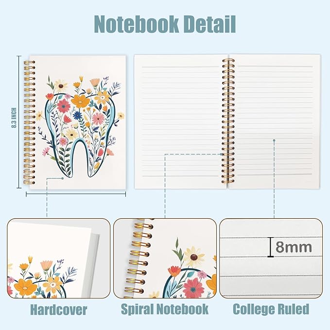 Dentist Gifts Notebook Journal, Dental Assistant Office Gifts for Women, Floral Tooth Dental Spiral Notebook Journal for Note Taking, Dentist Office Supplies, 5.5x8.3 Inch