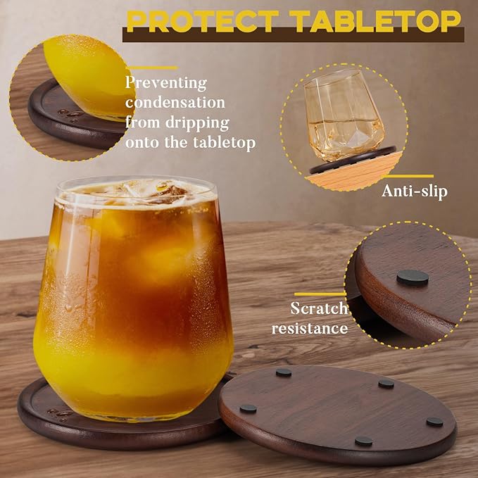 Wood Coasters with Holder, GOH DODD Set of 8 Walnut Wooden Coaster Tabletop Protection for Drinks Coffee Table Home Kitchen Office Bar Living Room Decor Housewarming Gifts Wedding Party, 4 Inch