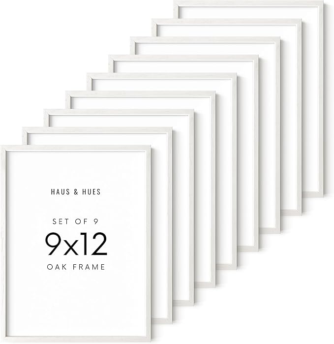 HAUS AND HUES White Oak Wood 9x12 Picture Frames - Set of 9, Modern Frames for Posters and Wall Display