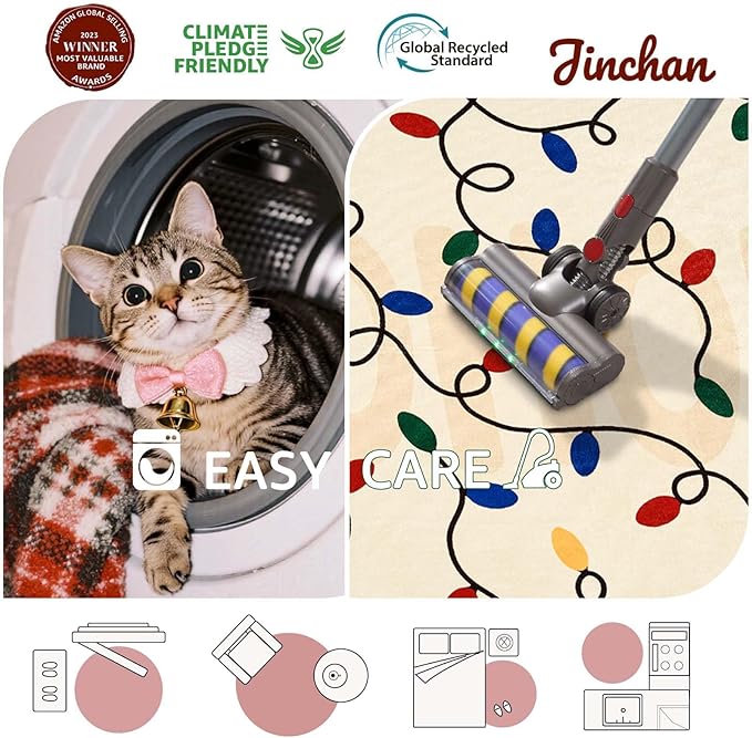 jinchan Jingle Lights Round Christmas Rug for Entryway Bedroom 4ft Beige Circle Holiday Rug for Living Room Colored String Lights Printed 4' Xmas Decor Washable Indoor Carpet for Foyer Non-Slip