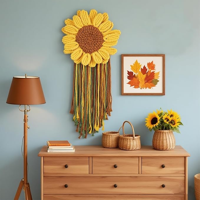 Macrame Sunflower Wall Hanging Handmade Woven Flower Home Decor Tassle for Room Office(12.9" x19.68" Inches)