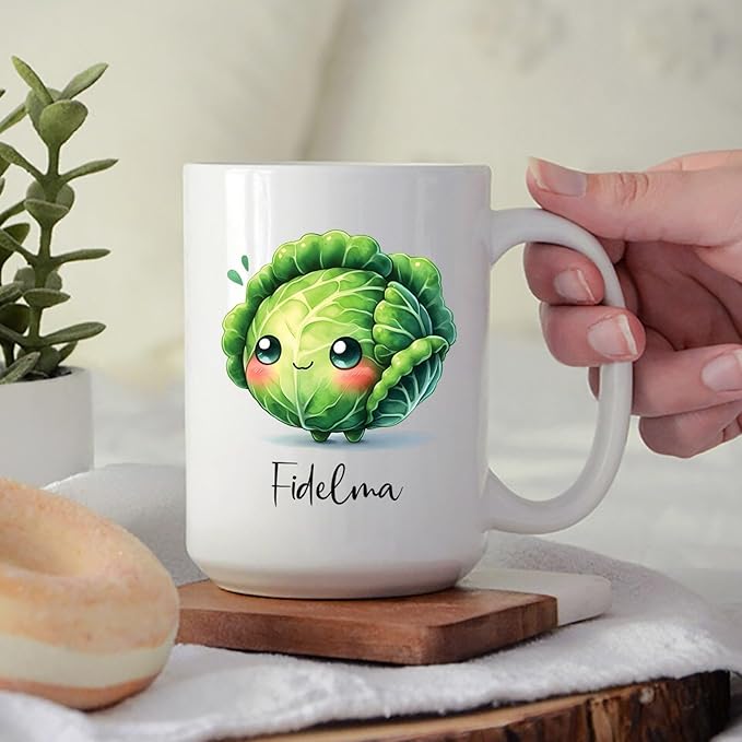 Cabbage Coffee Mug Gifts For Vegetable Lovers, Custom Cabbage Fans Ceramic Cup With Name, Personalized Cabbage Vegetable Travel Cups For Kids Friends Family, Cabbage White Porcelain Mug 11oz 15oz