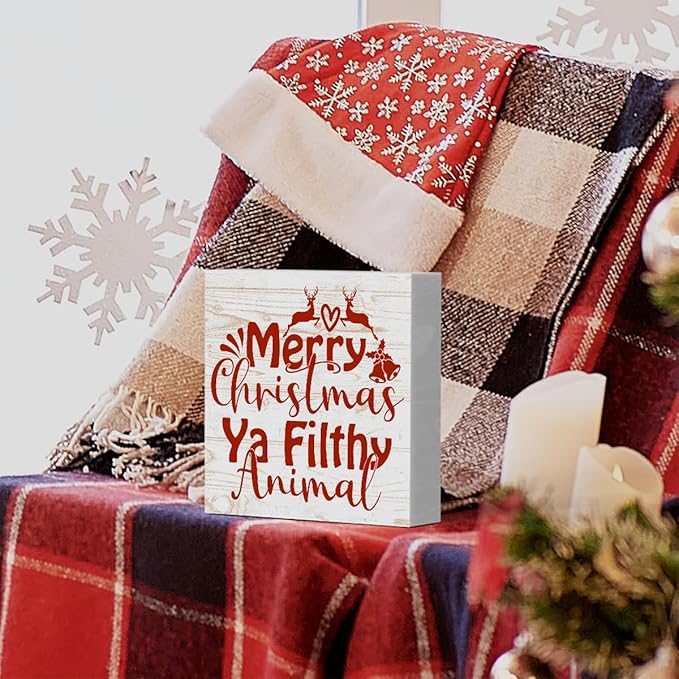 Home Alone Decor Winter Merry Christmas Ya Filthy Animal Tree Wood Box Sign, Farmhouse Christmas Santa Artwork Decor, Wood Square Sign Desk Block Signs Home Shelf Office Decoration 5 x 5 Inches