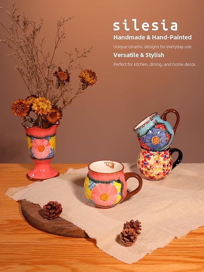 silesia Handmade Coffee Mug with Handle, 12 Ounce Ceramic Hand-Painted Flower Mugs for Home and Kitchen in Gift Box, Oven, Dishwasher & Microwave Safe (Glazed Pink)