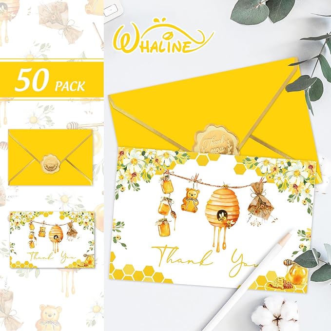 Whaline 50 Pack Little Honey Bee Baby Shower Thank You Cards Boxed Greeting Cards with Envelopes Stickers Honeycomb Flower Blank Note Card for Summer Birthday Party Supplies