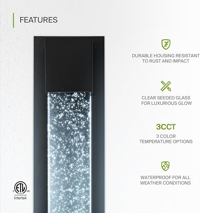 ASD LED 24" Bubble Glass Wall Light Fixture, Outdoor & Indoor Seeded Sconce | 3CCT, Waterproof, Dimmable, ETL Listed | 20W 600LM 3000-5000K 100-277V | Exterior Lantern, Porch Lighting | Black
