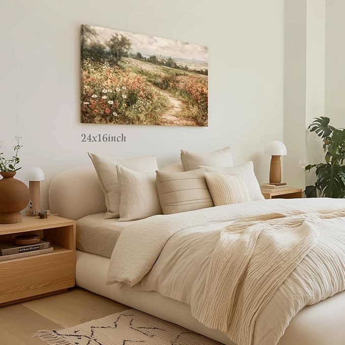 LLEEMPI Framed Vintage Wildflower Wall Art, Country Botanical Wall Decor, Floral Meadow Nature Canvas Painting, Rustic Farmhouse Poster Print for Living Room Bedroom Bathroom Office 16x24 Inch