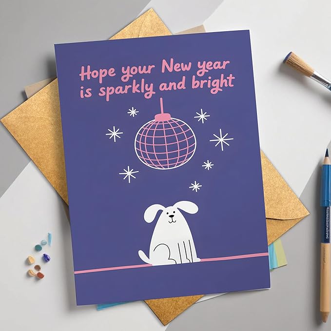 (5.3x8in) Hope Your New Year Is Sparkly and Bright Card with Envelope, Cute Dog and Disco Ball Design, Fun New Year Greeting for Friends, Family, Coworkers, and Pet Lovers (Xmas 30)