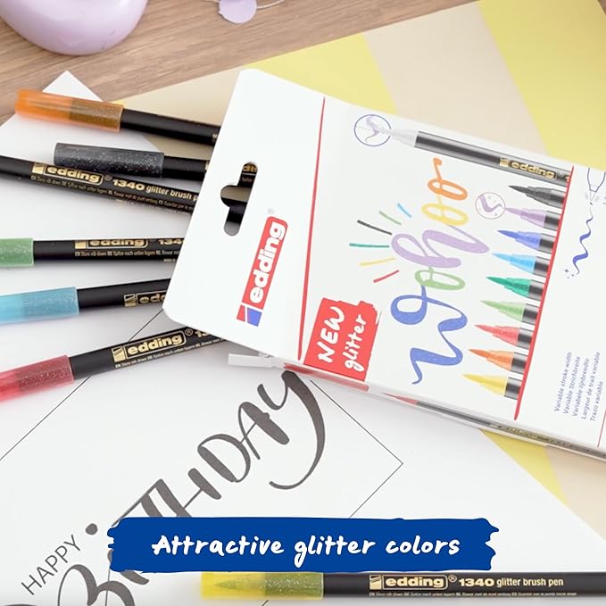 edding 1340 Glitter Brush Pen Set – 10pcs Assorted Colors with Soft Brush Nib, Quick-Drying, Smooth Writing – Glitter Markers for Journals, Planners, Scrapbooking, & Adult Coloring – Made in Germany