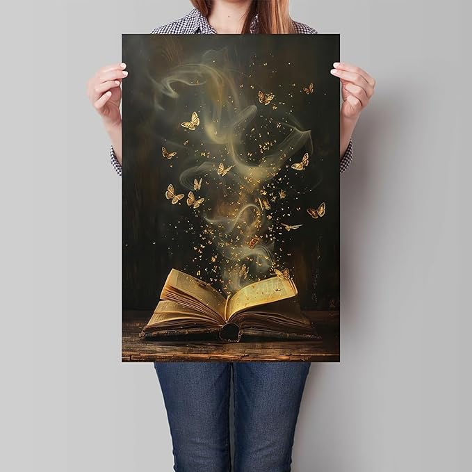 Whimsical Enchanted Open Book Wall Art Vintage Golden Butterflies Aesthetic Poster Print Funny Mystical Smoke Canvas Picture Decor for Office Bedroom Living Room Apartment 24x36inch Unframed