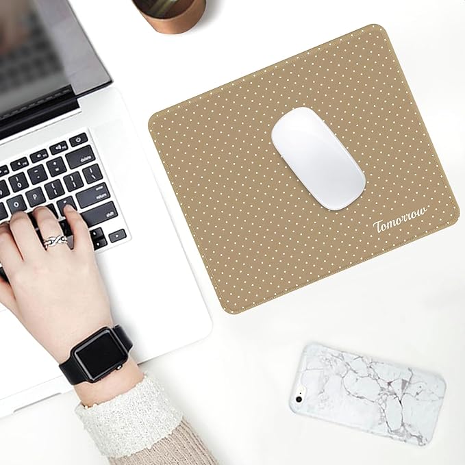 Seorsok Brown Mouse Mat,White Polka Dot Pattern,Premium Textured Mouse Pads for Office Laptop,Washable Cute Square Mousepads with Extended Stitched Edges Non Slip Rubber Base 9.5"x7.8"x0.12"Inch