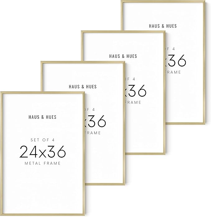 HAUS AND HUES 24x36 Gold Picture Frames - Modern Aluminum Poster Display - Large Lightweight Frames for Artwork and Prints - Ready-to-Hang Vertically & Horizontally (Set of 4)