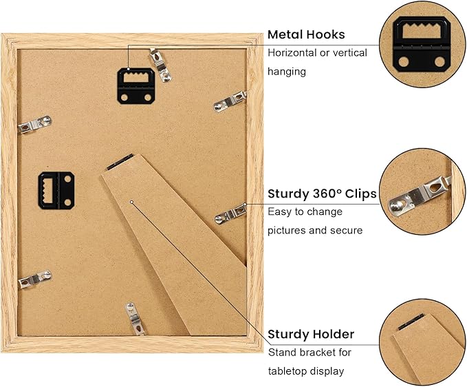 8x10 Picture Frame Set of 9, Display Pictures 5x7 with Mat or 8 x 10 Without Mat, Multi Photo Frames for Wall Mounting or Table Top Display, Natural Oak