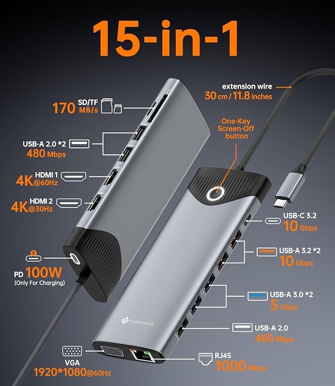 NOVOO USB C Docking Station Dual Monitor HDMI 4K 60Hz, 15-in-1 DisplayPort, VGA, 100W PD Charging, 10Gbps USB-C/USB-A, Ethernet, SD/TF, Audio – Compatible with MacBook, Dell, HP, Lenovo, Surface
