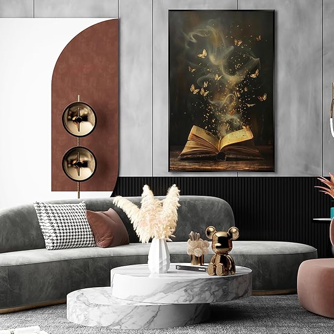Whimsical Enchanted Open Book Wall Art Vintage Golden Butterflies Aesthetic Poster Print Funny Mystical Smoke Canvas Picture Decor for Office Bedroom Living Room Apartment 16x24inch Metal Black Framed