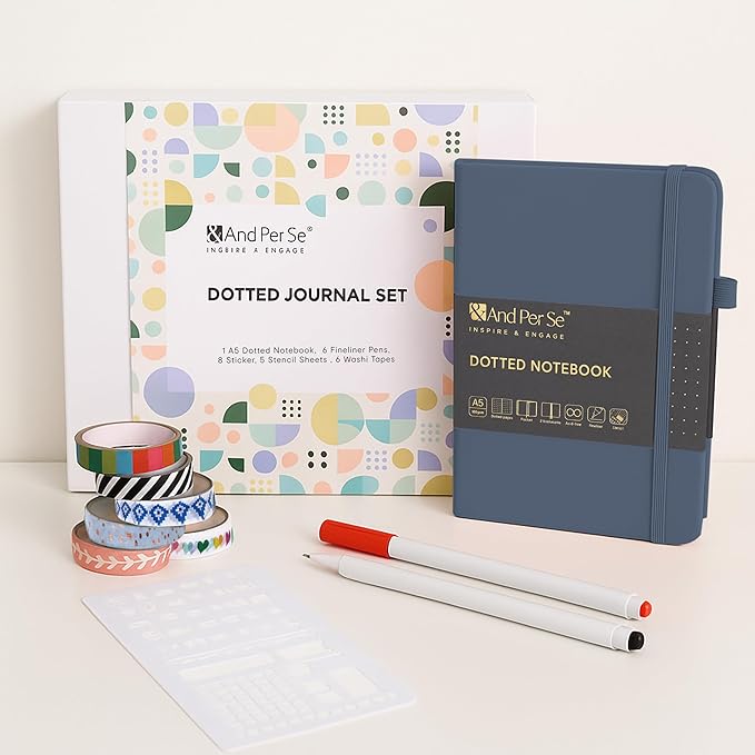 &And Per Se Bullet Dotted Journal Kit, A5 Hardcover Dotted Journaling Set (Dark Blue), 6 Fineliner Pens, 8 Sticker & 5 Stencil Sheets, 6 Washi Tapes with Giftable Box