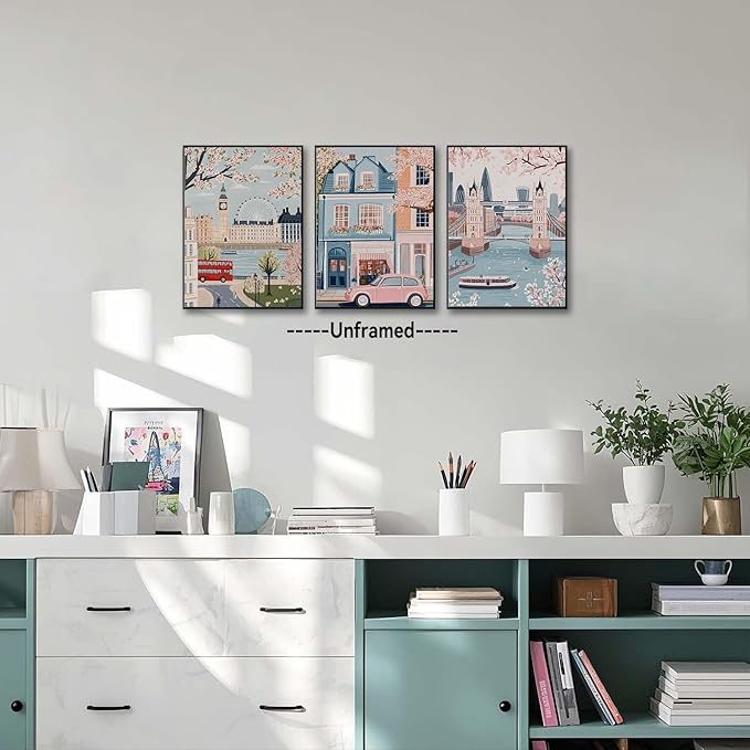 XLARTMY Watercolor City Landscape Travel Wall Art Canvas Framed Pink Cherry Flower Poster Girly Prints Painting Pictures Set of 3 for Bedroom Living Room Office 16x24in Unframed