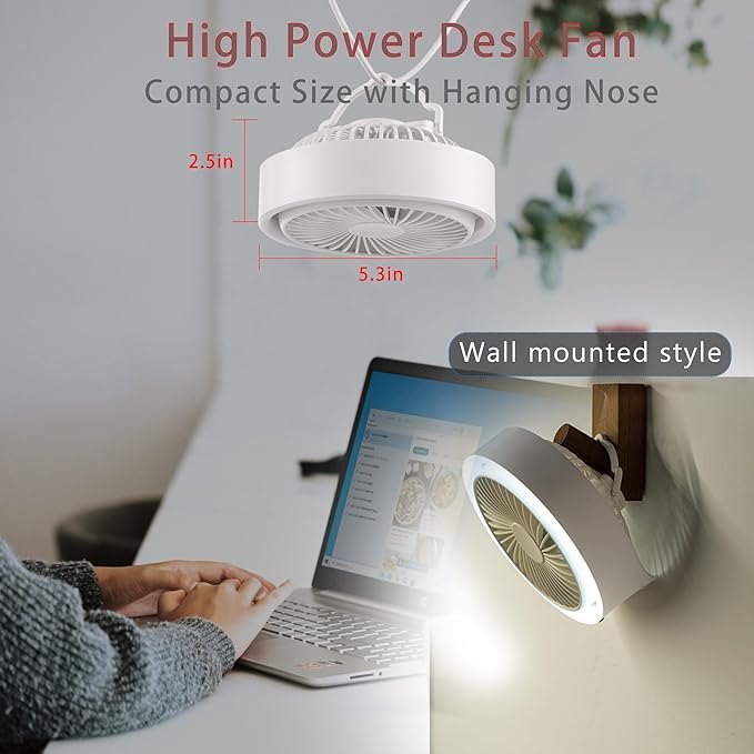 Small Desk Fan, Ultra Quite USB Fan Portable 3000mAh Rechargeable Battery Operate, High Power 3 Speed 5.3in With Ambient Light/Hook 180°Rotated Easy Clean (White)