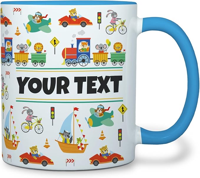 Personalized Mug for Kids - Vehicles - Custom Name/Text, Ceramic Hot Chocolate/Cocoa/Coffee Cup for Boys, Birthday/Christmas/Holiday Gift - 11 oz, Pink Handle