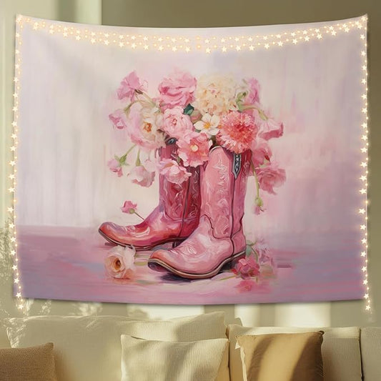 STHTTSW Floral Cowgirl Boot Tapestry, Preppy Pink Tapestries Wall Blanket, Girly Aesthetic Wall Hanging Decor for Teen Girl Women College Dorm Apartment Bedroom, 50x60 Inch