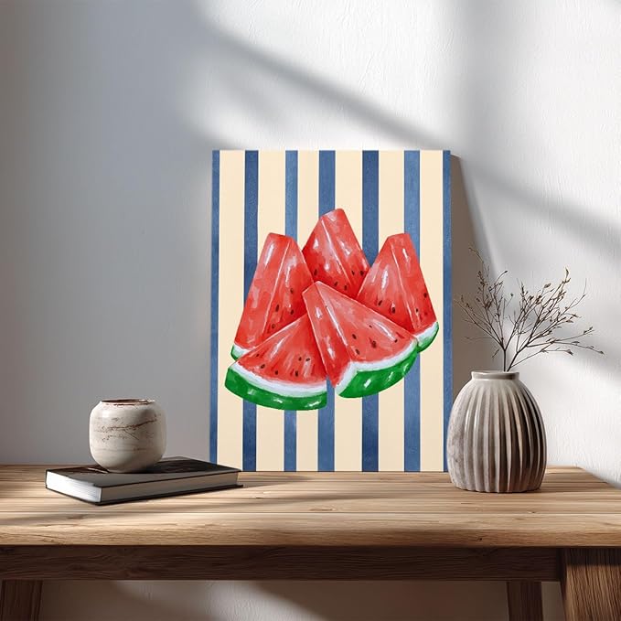 Watermelon Watercolor Wall Art – Fresh Summer Fruit Canvas Print – Blue Stripe Kitchen Decor – Watermelon Slice Illustration Poster 24x32inch-Framed