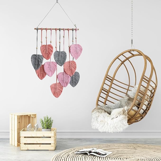 LB Macrame Wall Hanging Decor, Boho Chic Feather Wall Decor Macrame Photo Wall Hanging Handmade Yarn Woven Wall Art Pink Leaf Tapestry for Bedroom Living Room Nursery Office Backdrop, 16x35 Inch