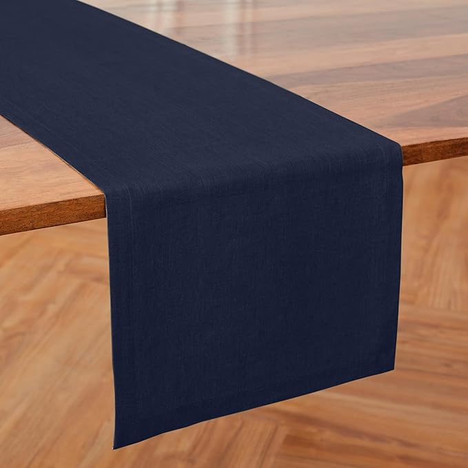 Solino Home Linen Navy Blue Table Runner 48 Inches - 100% Pure Linen Small Table Runner 14 x 48 Inch Ideal for Dresser and Coffee Tables - Winter - Diana Medium Weight