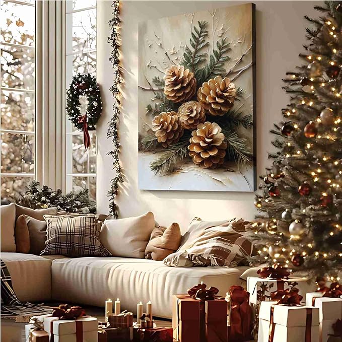 Vintage Christmas Canvas Painting Rustic Nature Print Forest Canvas Wall Art Botanical Wall Decor Brown Green Painting Poster Indoor Decor for Home Offices Living Room Bedroom Dining Room farmhouse