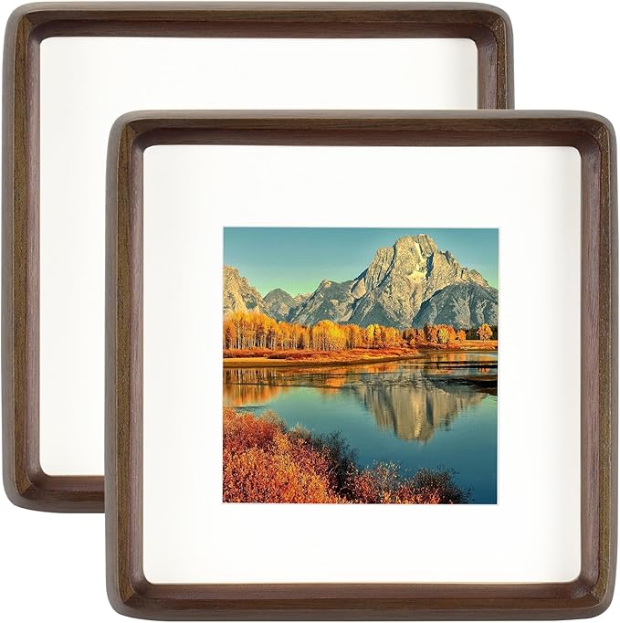 HELPLEX 5x5 Square Picture Frame – 2 Pack Solid Walnut Wood with Real Wood Back & HD Tempered Glass, 4x4 Matted or 5x5 Unmatted, Tabletop or Wall Display – Rustic Home Decor & Gift