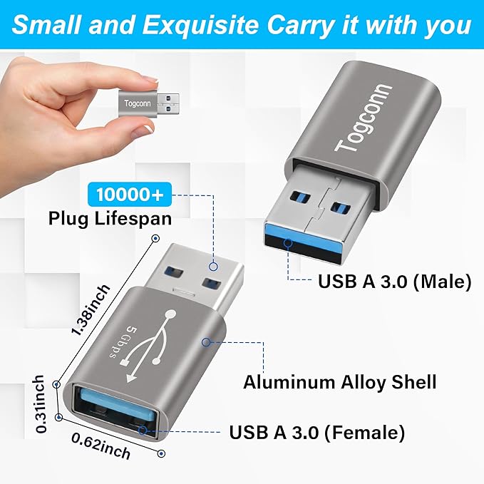 Angle USB 3.0 Adapter 5 Pack, Multiple Angles(UP/Down/Left/Right/Straight),USB A Male to Female Connector Converter USB L Shape Extender, Support Charge & Data Sync for PC, Laptop, Mouse, Keyboard