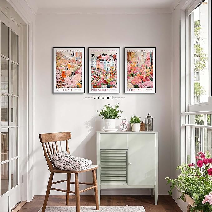 XLARTMY Flower Market Wall Art Print Canvas Pink Floral Painting Colorful Botanical Sunflower Artwork Travel Posters for Home Decor Pictures Set of 3 for Living Room Bedroom 16x24in Unframed