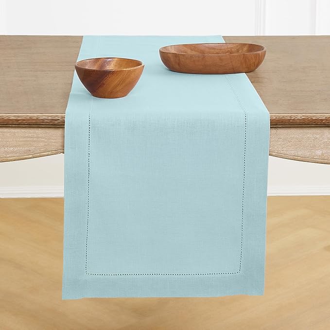 Solino Home Linen Aqua Blue Table Runner 144 Inches Long - 100% Pure Linen Extra Long Table Runner 14 x 144 Inch for Spring, Easter - Classic Hemstitch