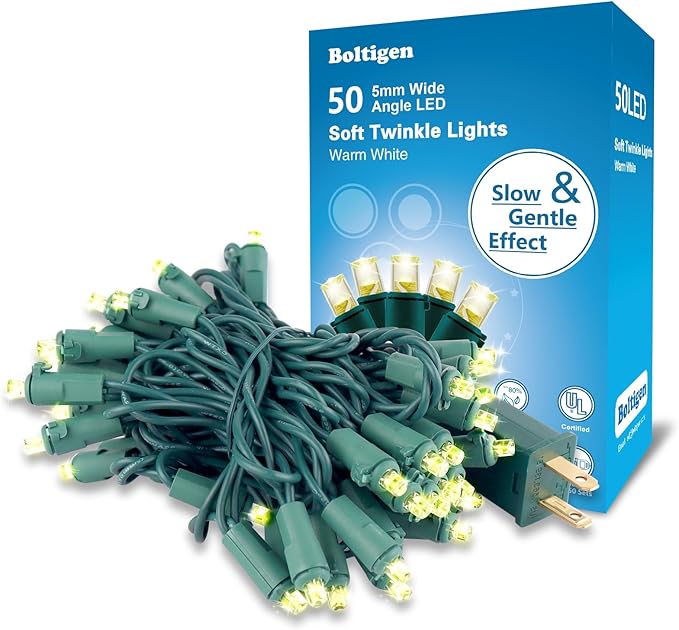 Boltigen Soft Twinkle Lights, 50 LED Slow Twinkling, 5mm Wide Angle Christmas Lights, UL Certified 14.5Ft Extendable for Home Garden Indoor Outdoor Use Party Wedding Day Decoration