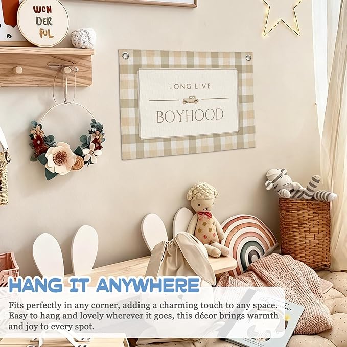Vintage Long Live Boyhood Boys Room Decor Wall Art,Car Room Decor Linen Banner Print Wall Hanging for Toddler Dorm Playroom Nursery 30X20 Inch