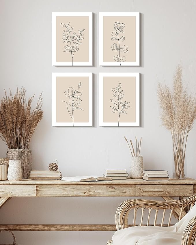 Drsoum Botanical Boho Framed Wall Art Wooded Minimalist Aesthetic Flower Prints Farmhouse Retro Plants Rustic Bathroom Kitchen Home Decor Ready to Hang 12x16inx4pcs (Framed)