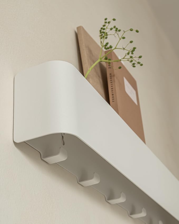 Kazai.®️ Coat Rack Wall Mount with Shelf 'Tone' | Modern Design Coat Hanger with Hidden Hooks and Storage | Hat Rack with Shelf in Metal | Wall-Mounted Purse Organizer | White
