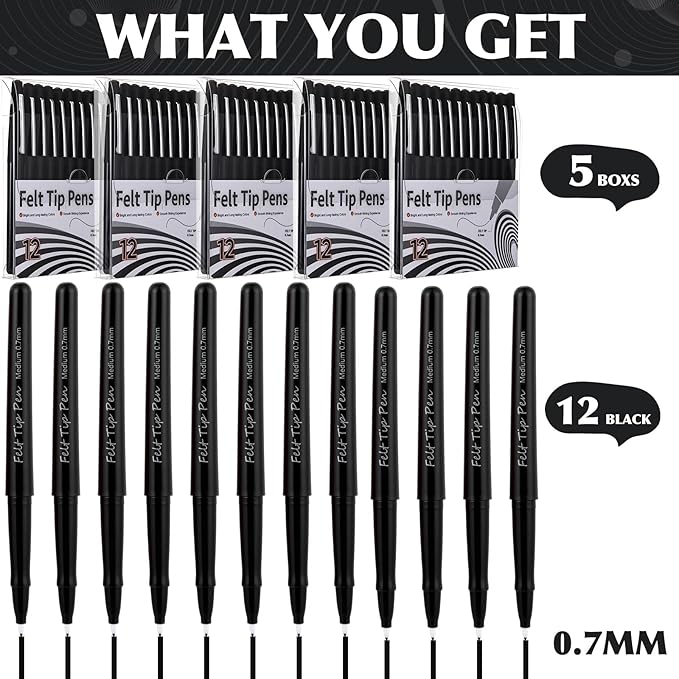 60 Pcs Black Felt Tip Pens 0.7mm Medium Point Pens Bulk, Felt Tip Markers for Journaling, Writing, Note Taking, Planner, Ideal for Office School Art Supplies Gift