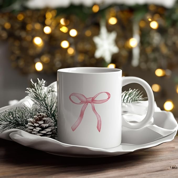 Pink Bow Coffee Mug, Cute Girly Ceramic Coffee Mugs Gifts for Women Girls, Preppy Coquette Ceramic Cup, 11oz White