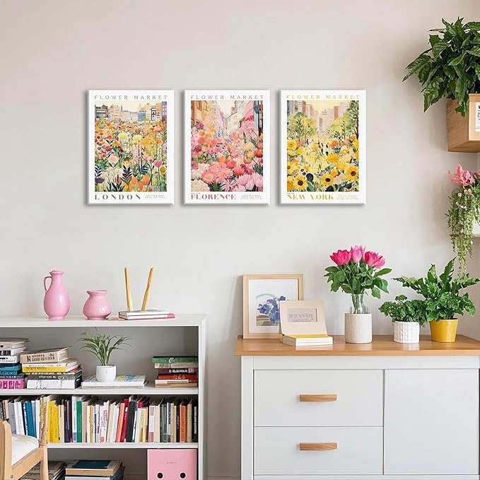 XLARTMY Flower Market Wall Art Print Canvas Framed Yellow Pink Floral Paintings Colorful Botanical Sunflower Artwork Travel Poster for Decor Picture 3 pieces for Living Room Bedroom Bathroom 12x16in